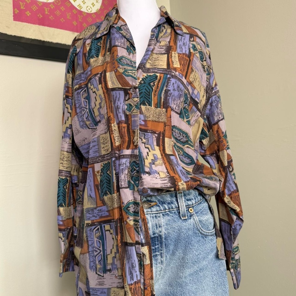 Vintage Silk Abstract Button-Up Shirt
